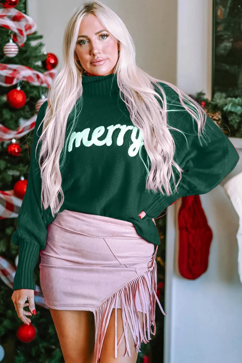 Double Take Full Size Merry Christmas Turtleneck Long Sleeve Sweater - Qu!rk Boutique