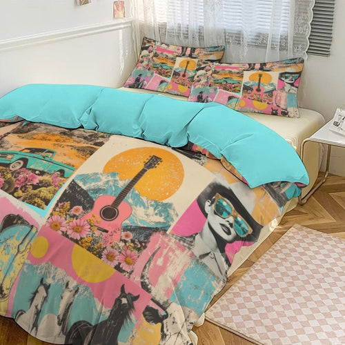 Baha Ranch Retro Pop Western 3-Piece Bedding Set (1 Duvet Cover + 2 Pillow Shams) – 102"×90" - Qu!rk Boutique