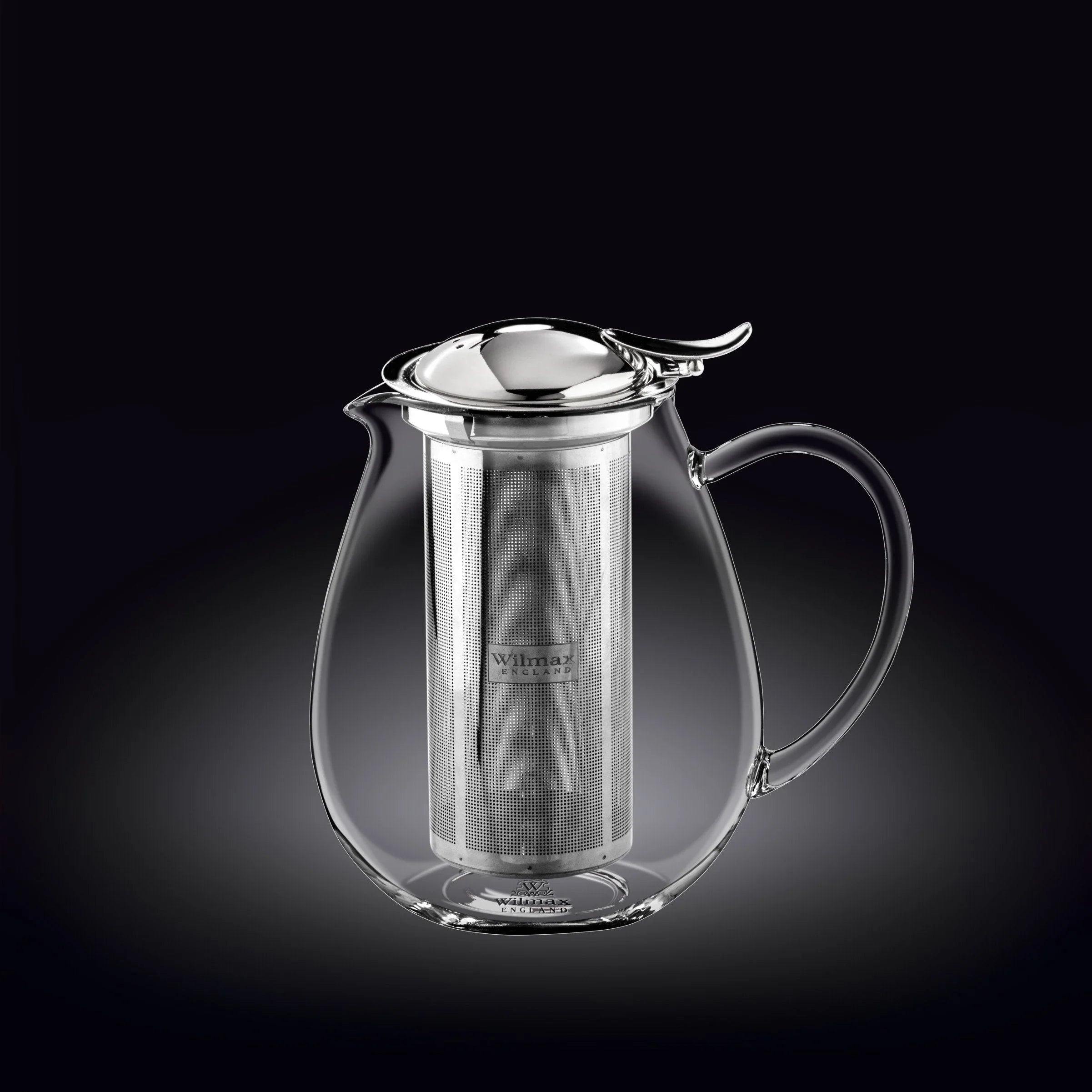 Clear glass teapot with stainless steel infuser on black background, Qu!rk Boutique kitchen gift
