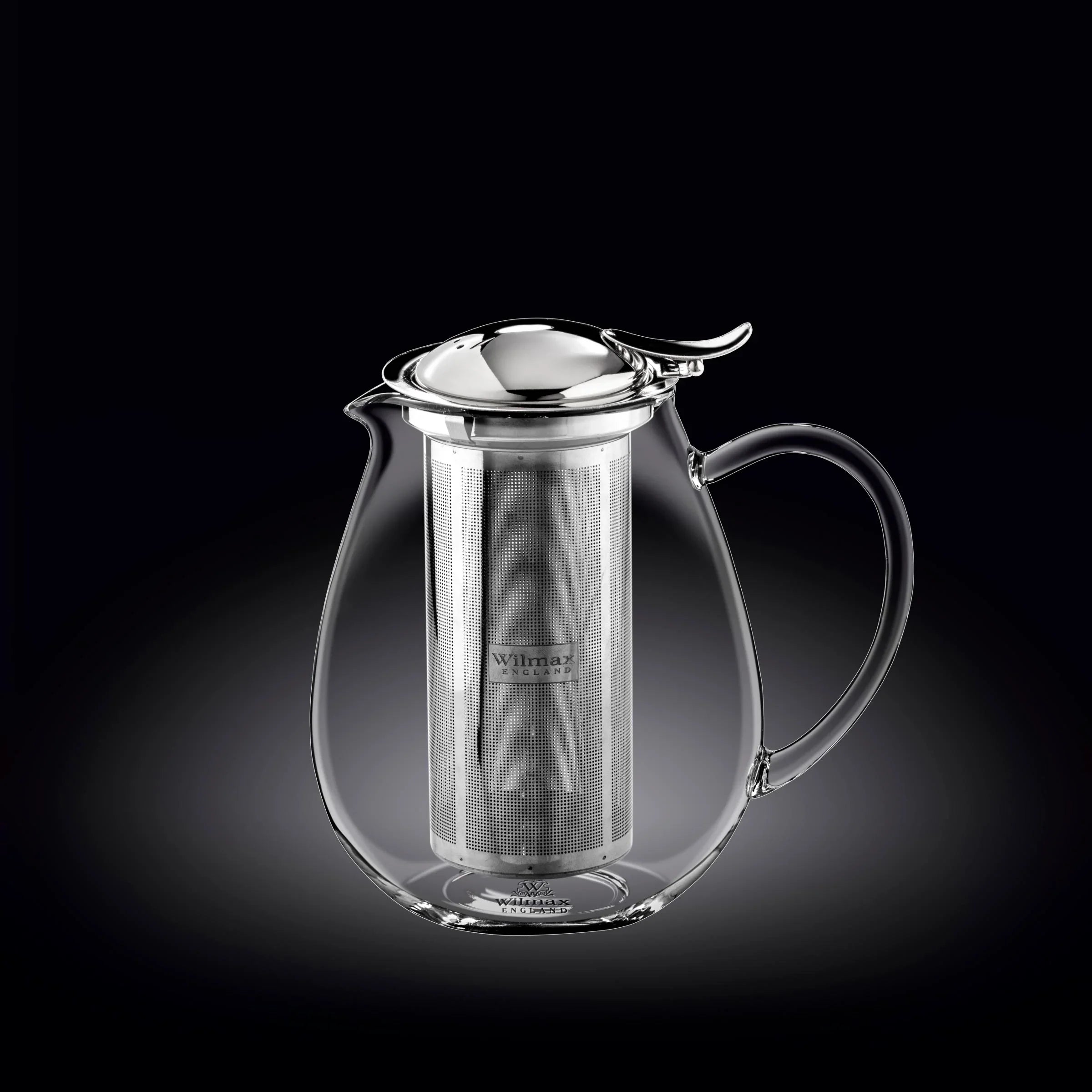 Clear glass teapot with metal infuser and lid, modern design, boutique kitchenware
