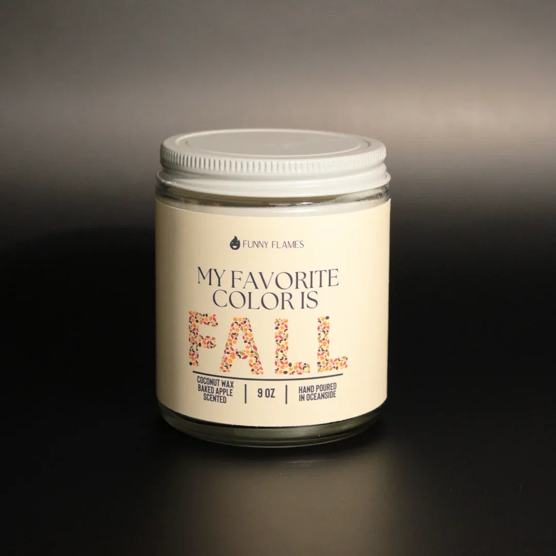 Funny Flames coconut wax candle labeled My Favorite Color Is Fall with baked apple scent in 9 oz jar