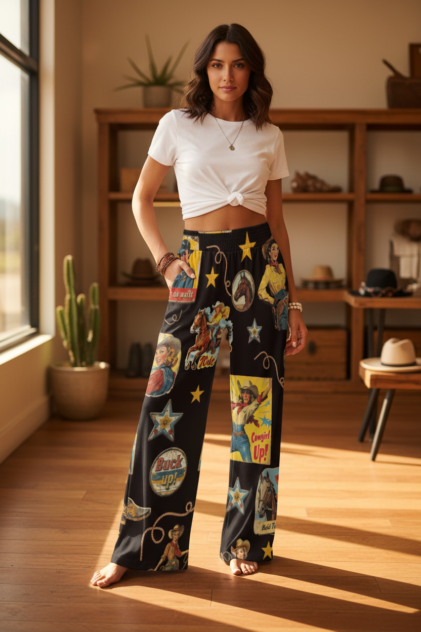 Baha Ranch Vintage Cowgirl Collage High Waisted Wide Leg Pants Inclusive Sizing