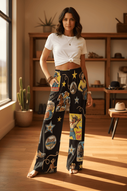 Baha Ranch Vintage Cowgirl Collage High Waisted Wide Leg Pants Inclusive Sizing - Qu!rk Boutique