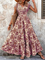 Full Size Printed V-Neck Tiered Maxi Dress Plus Size - Qu!rk Boutique