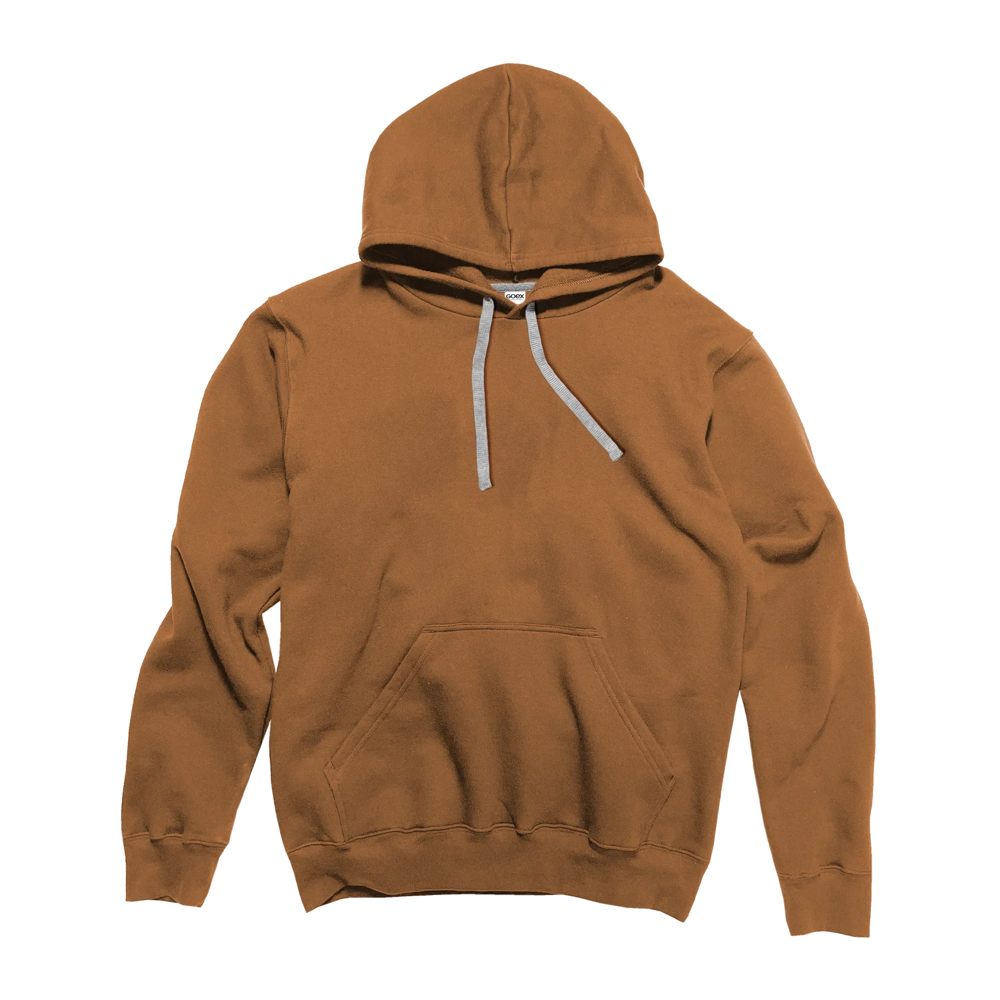 Camel brown unisex hoodie with front pocket and gray drawstrings, Qu!rk Boutique