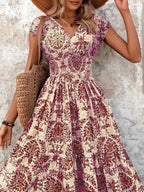 Full Size Printed V-Neck Tiered Maxi Dress Plus Size - Qu!rk Boutique