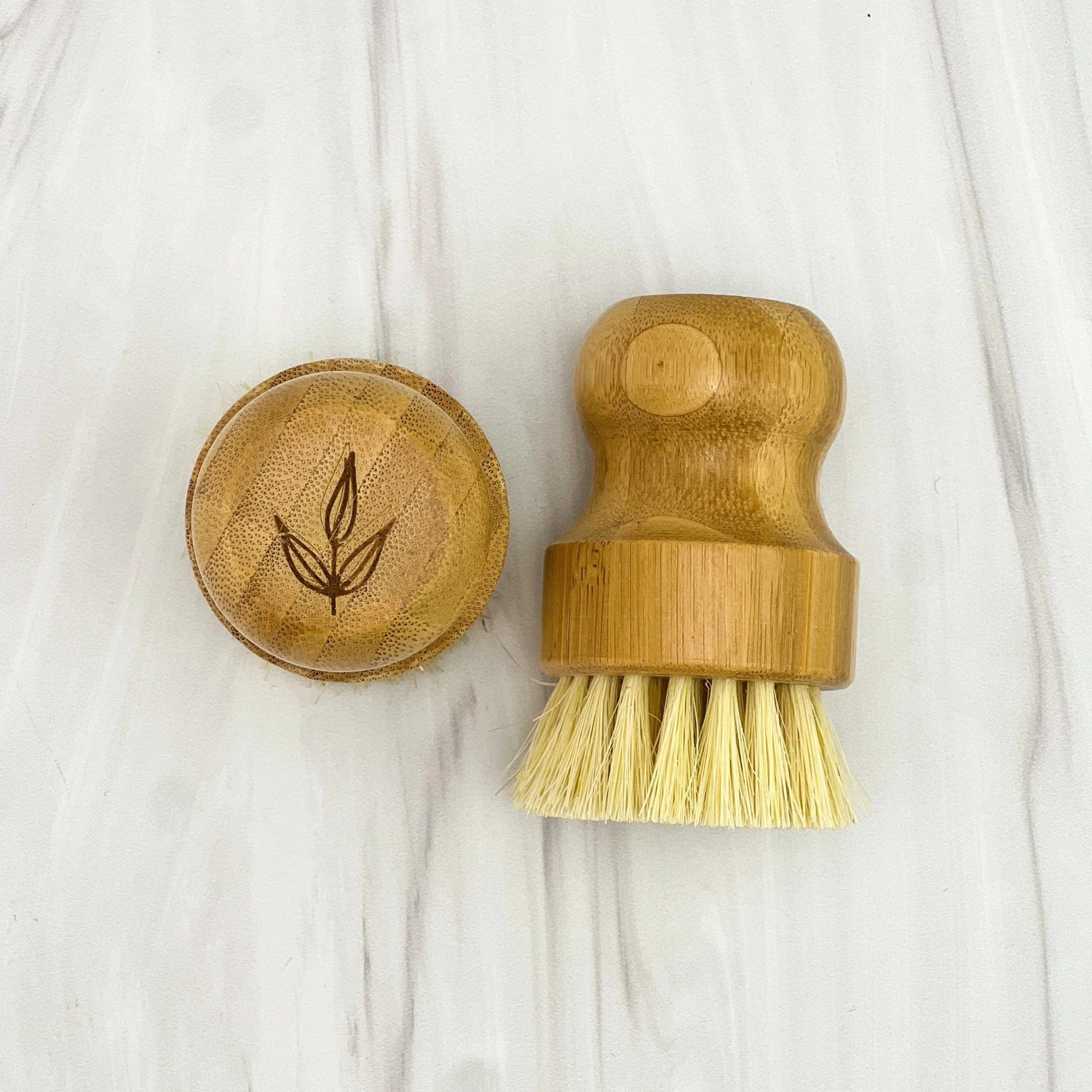 Eco-friendly bamboo scrub brush with engraved leaf design, Qu!rk Boutique sustainable gift