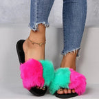 💙 Fuzzy Open Toe Flats - Qu!rk Boutique