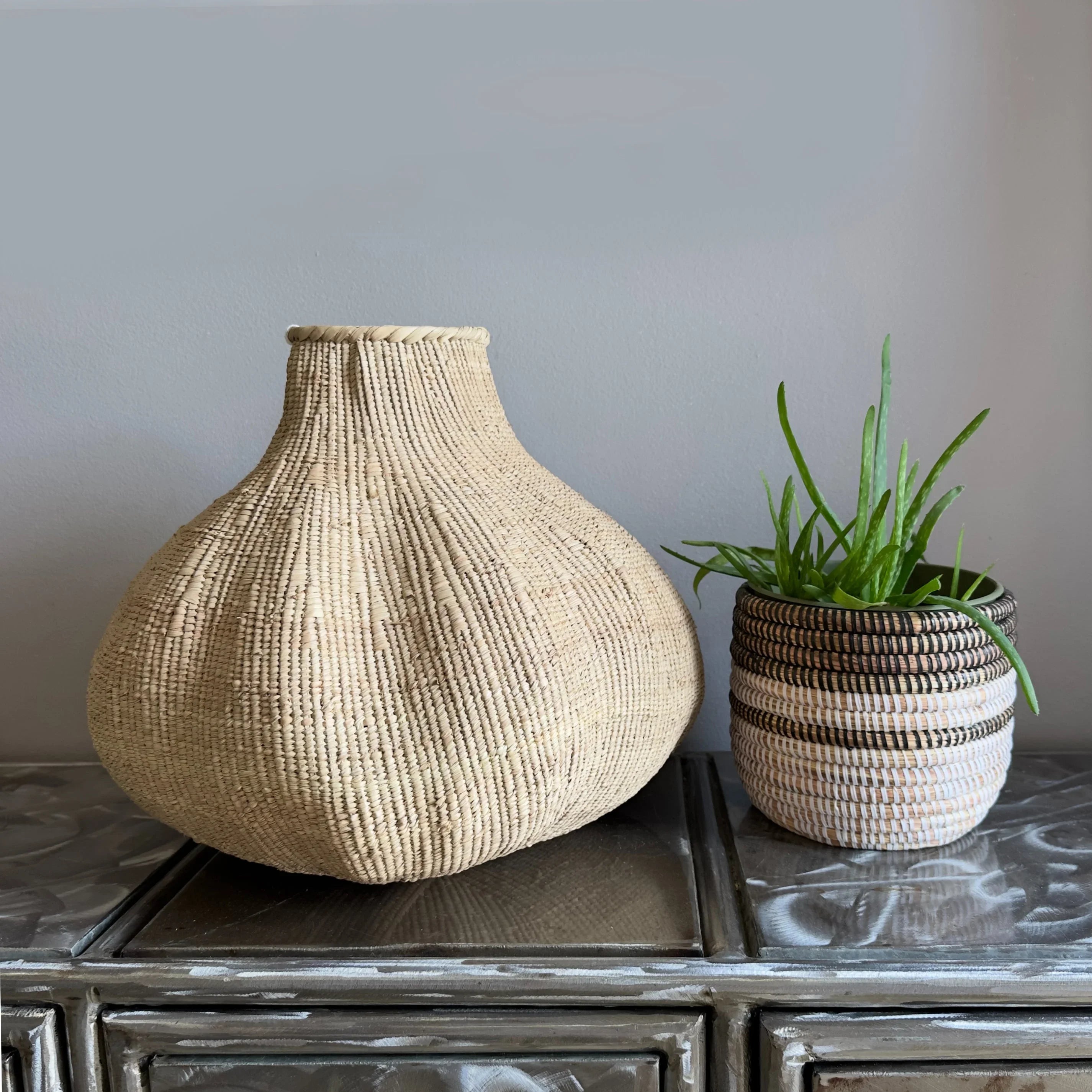 Handwoven natural basket vase and striped basket planter with aloe on metallic surface, Qu!rk Boutique