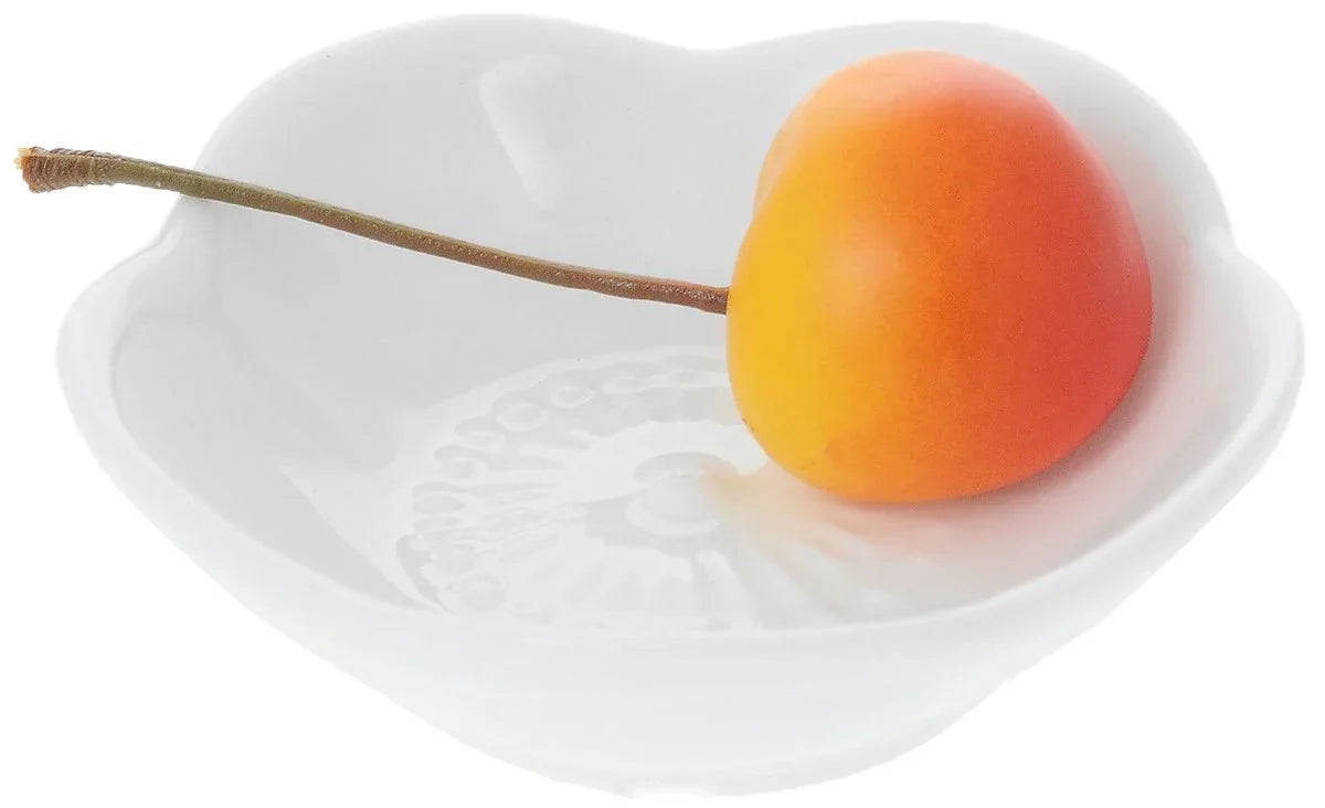 Yellow and orange cherry with stem in a white ceramic dish, Qu!rk Boutique artistic giftware
