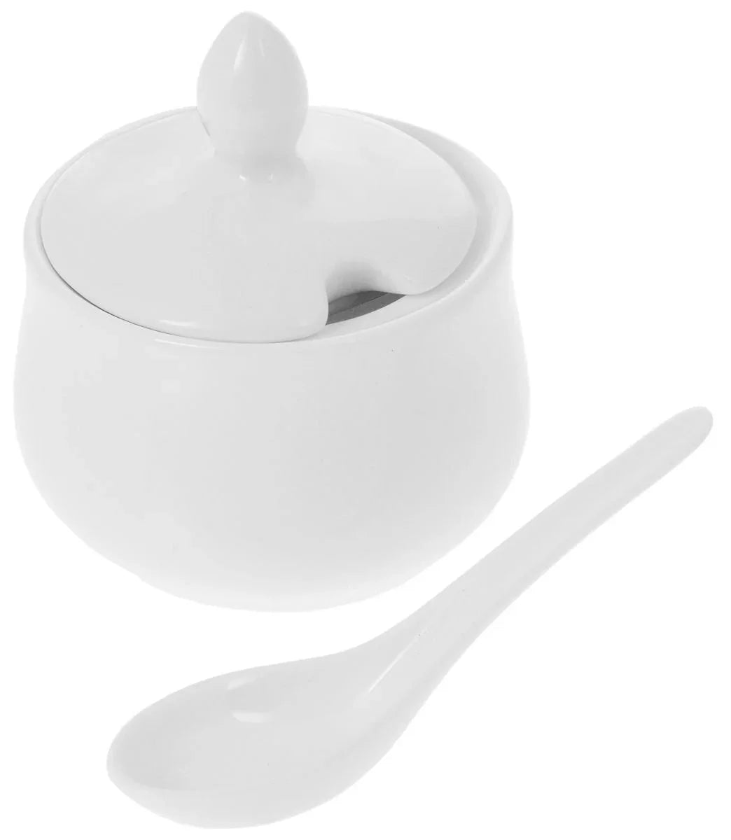 White ceramic sugar bowl with lid and matching spoon, Qu!rk Boutique kitchen giftware