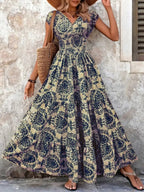 Full Size Printed V-Neck Tiered Maxi Dress Plus Size - Qu!rk Boutique