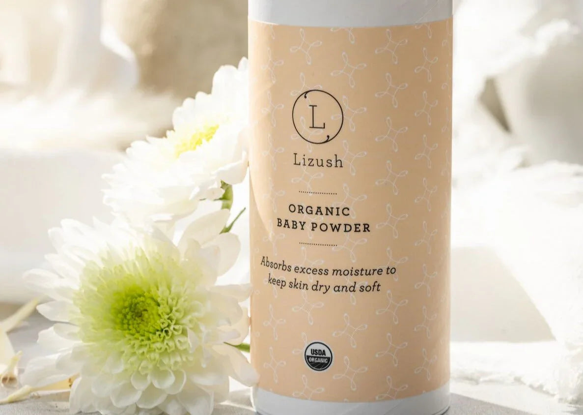 Lizush organic baby powder container with flowers, absorbs moisture to keep skin soft