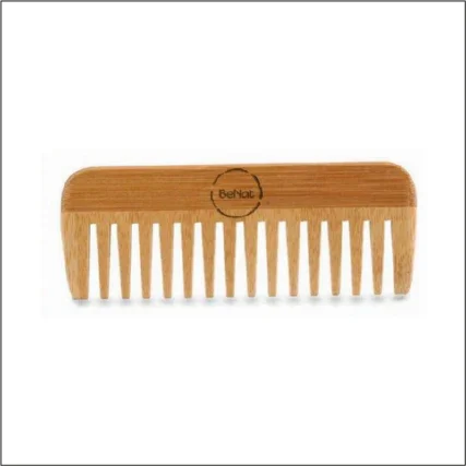 All-natural bamboo comb with wide teeth and BeNat logo on white background