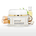 Aniise anti-aging wild yam face cream jar, with fresh yam, coconut, and oil bottle on white background.