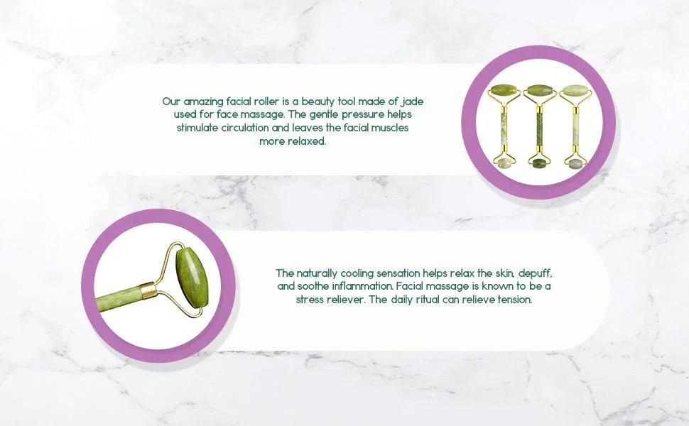 Jade facial roller on marble background with product benefits, Qu!rk Boutique skincare tool.