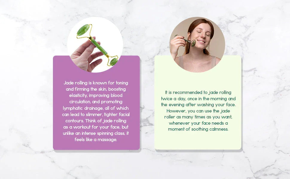 Hand holding jade roller and smiling woman using jade roller on face, with benefits and instructions text on marble background for Qu!rk Boutique & Gift Shop.