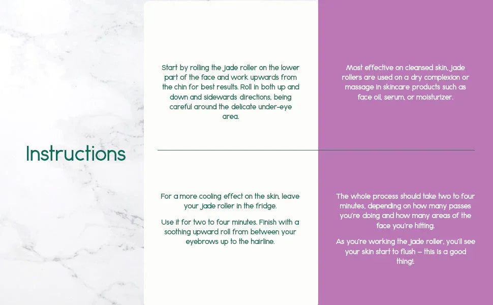 Jade roller usage instructions infographic on marble background, skincare product tips, Qu!rk Boutique