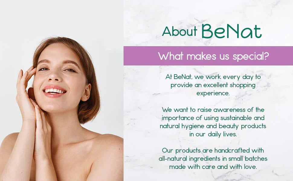 Woman smiling beside BeNat boutique sign promoting sustainable, natural beauty products.