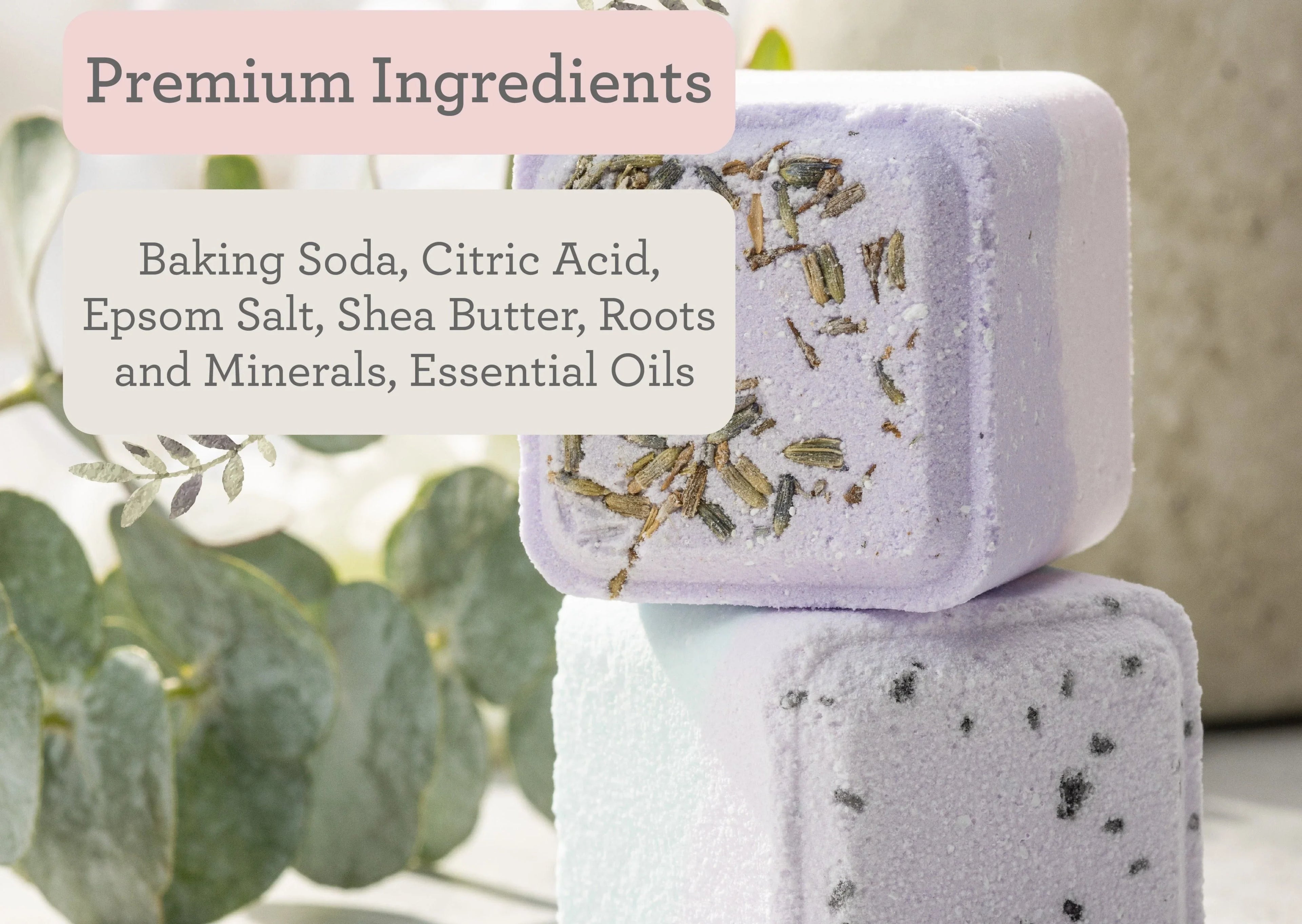 Purple and white bath bombs with dried herbs, labeled premium ingredients like baking soda and shea butter