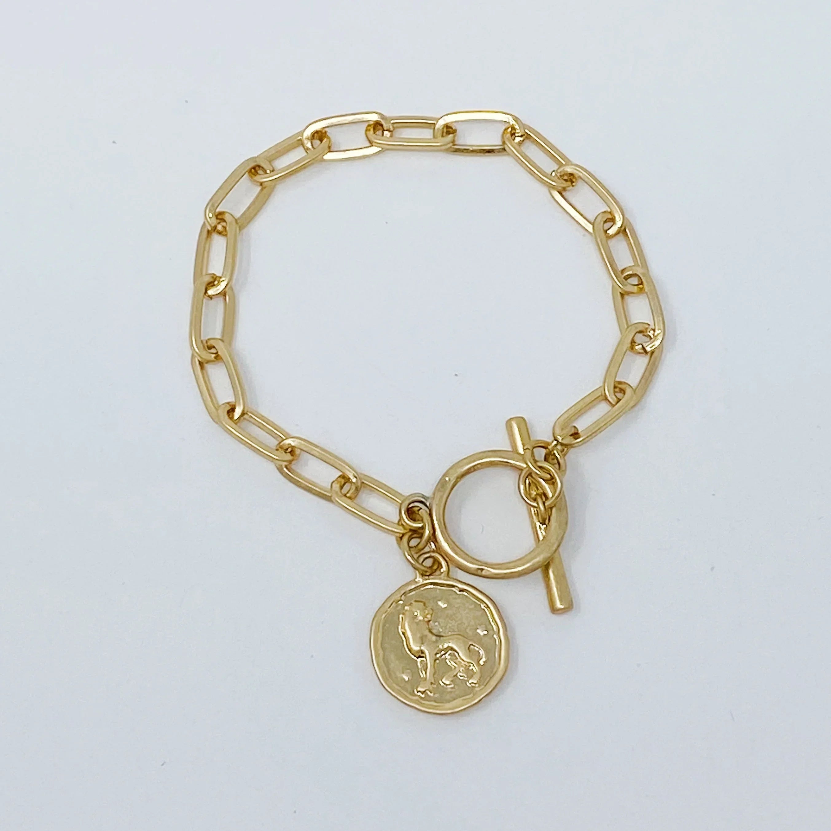 gold chain bracelet with toggle clasp and lion coin charm on white background