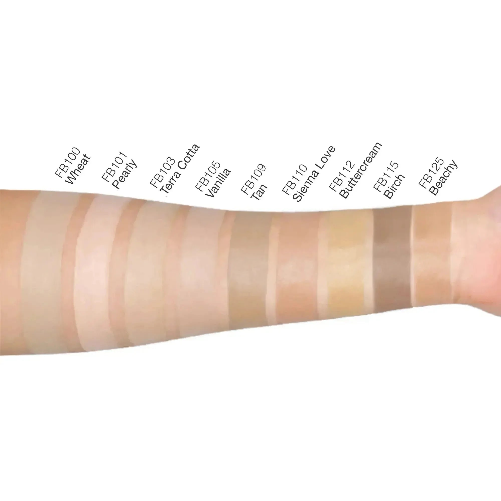 BB cream swatches on arm in wheat, pearly, terra cotta, vanilla, tan, sienna, buttercream, birch, beachy shades