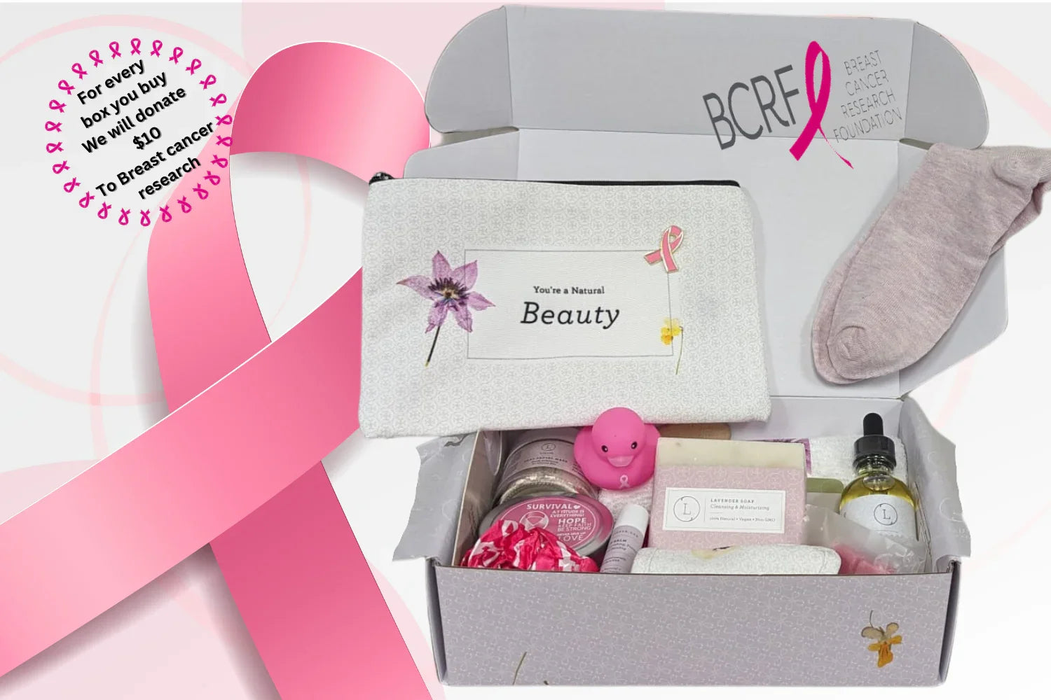 Breast cancer support gift box with self-care items, pink ribbon, and donation message