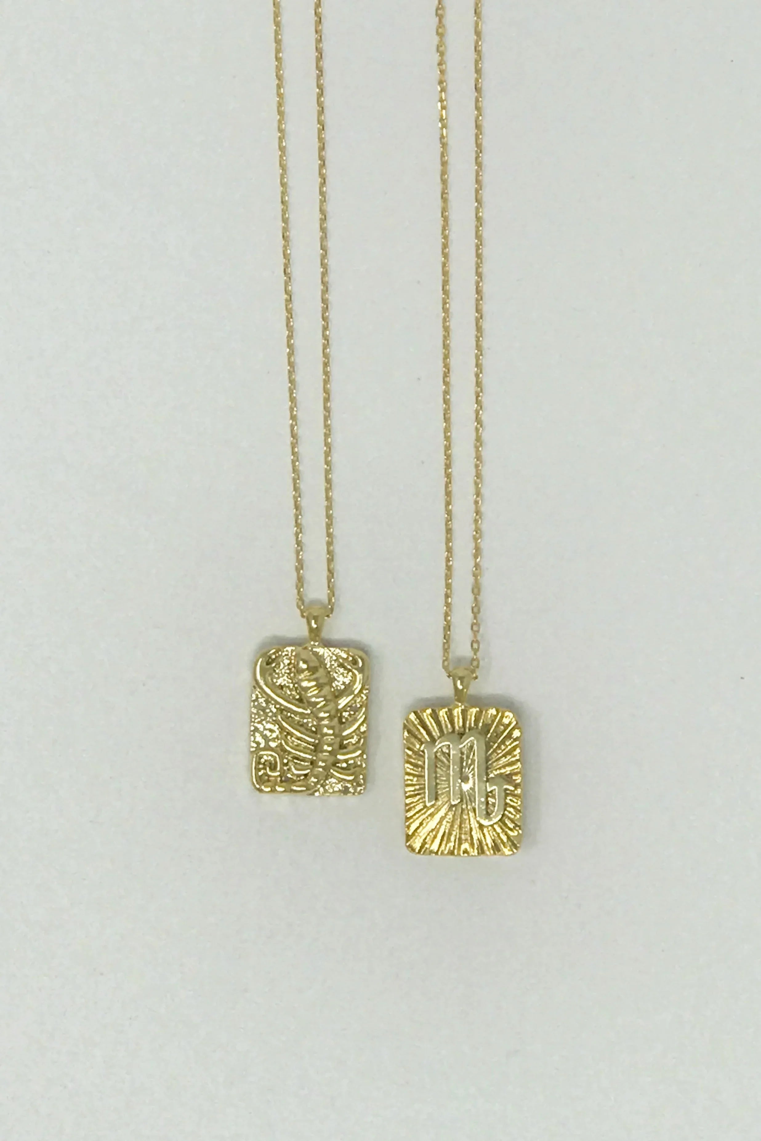 Two gold zodiac necklaces with Scorpio and Virgo signs on delicate chains