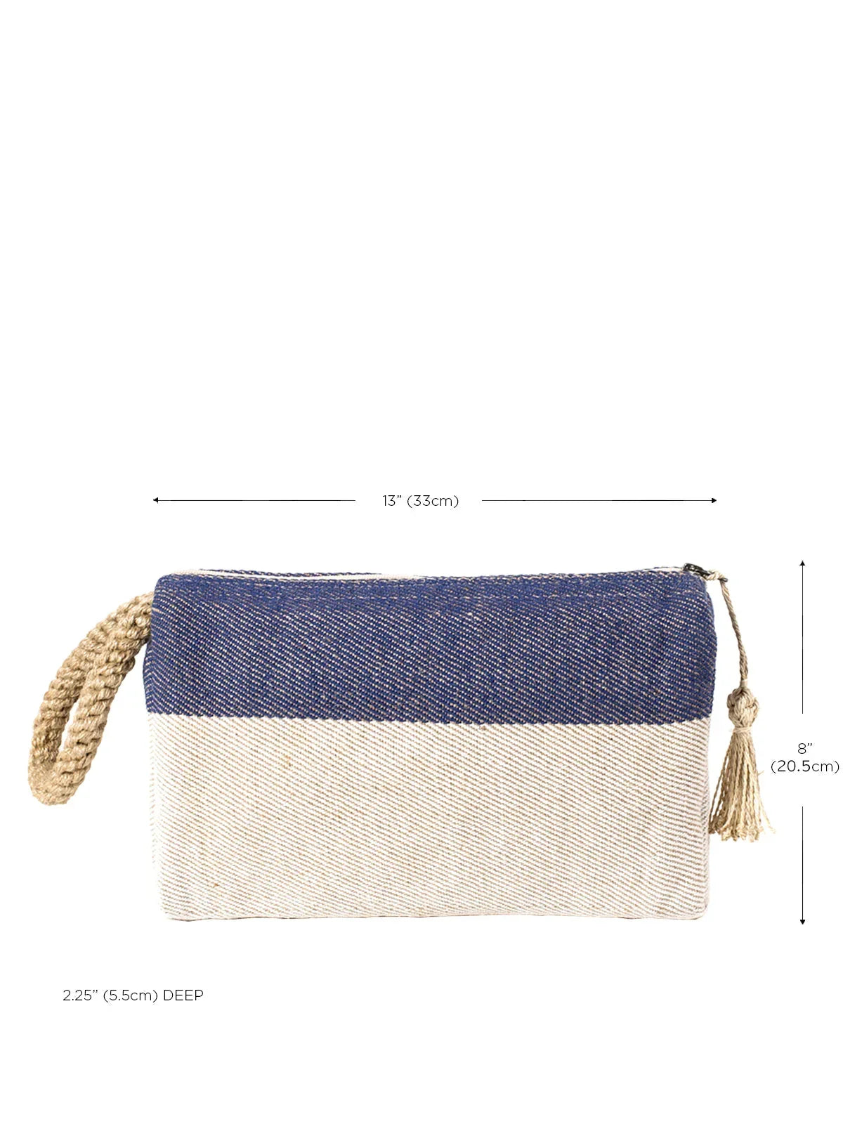 Blue and beige fabric clutch with rope wrist strap and tassel zipper pull
