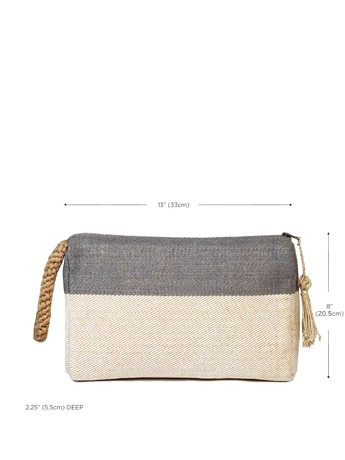 Gray and beige fabric clutch with braided wrist strap and tassel zipper pull, 13x8 inches