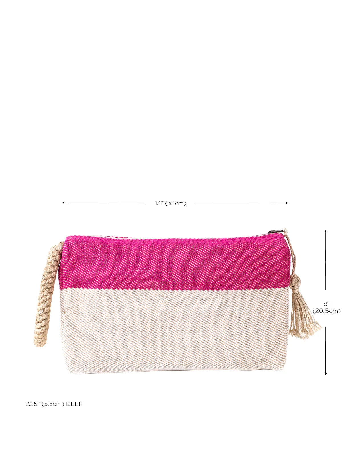 Pink and natural beige cotton clutch bag with braided wrist strap and tassel zipper