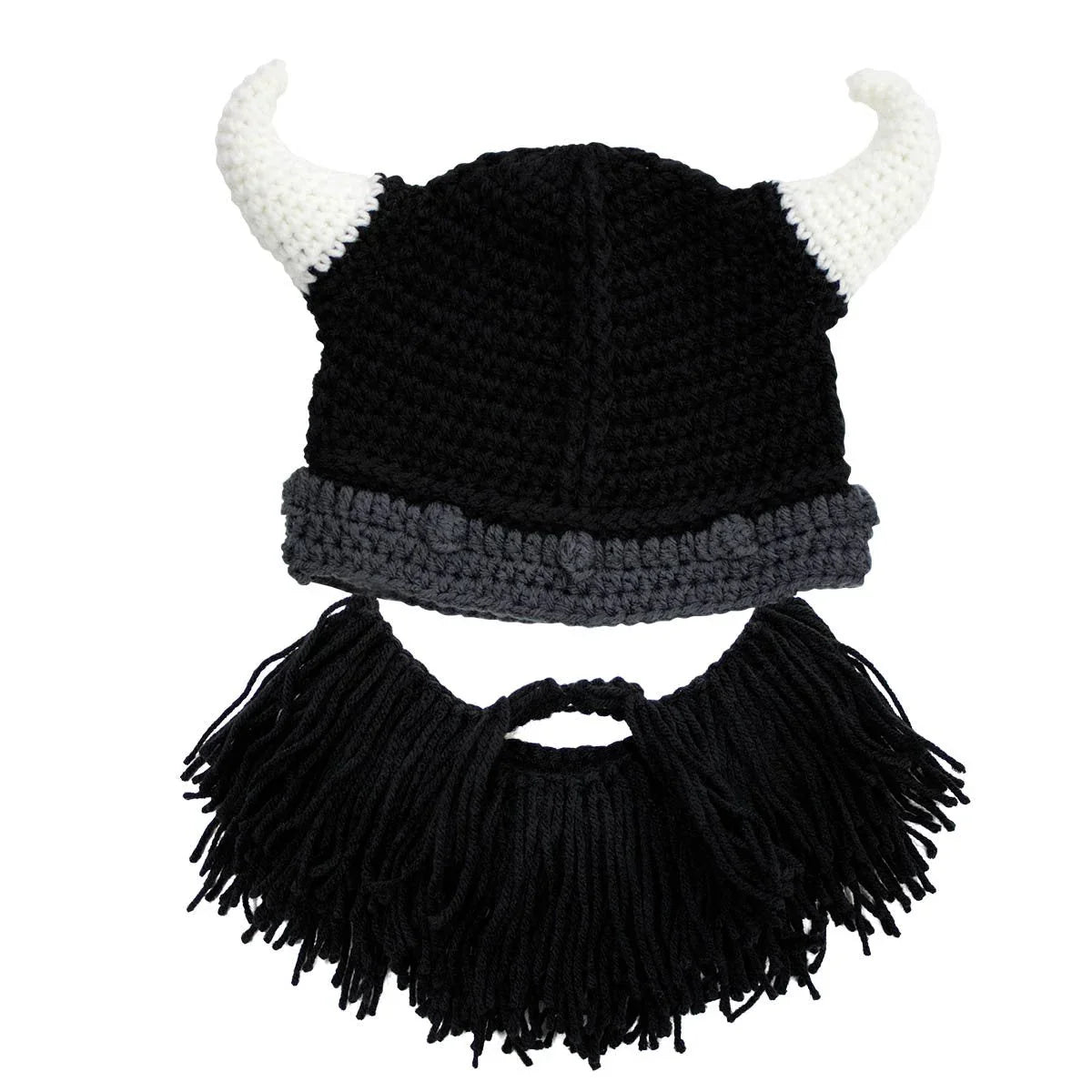 Black crochet Viking hat with white horns and detachable black yarn beard