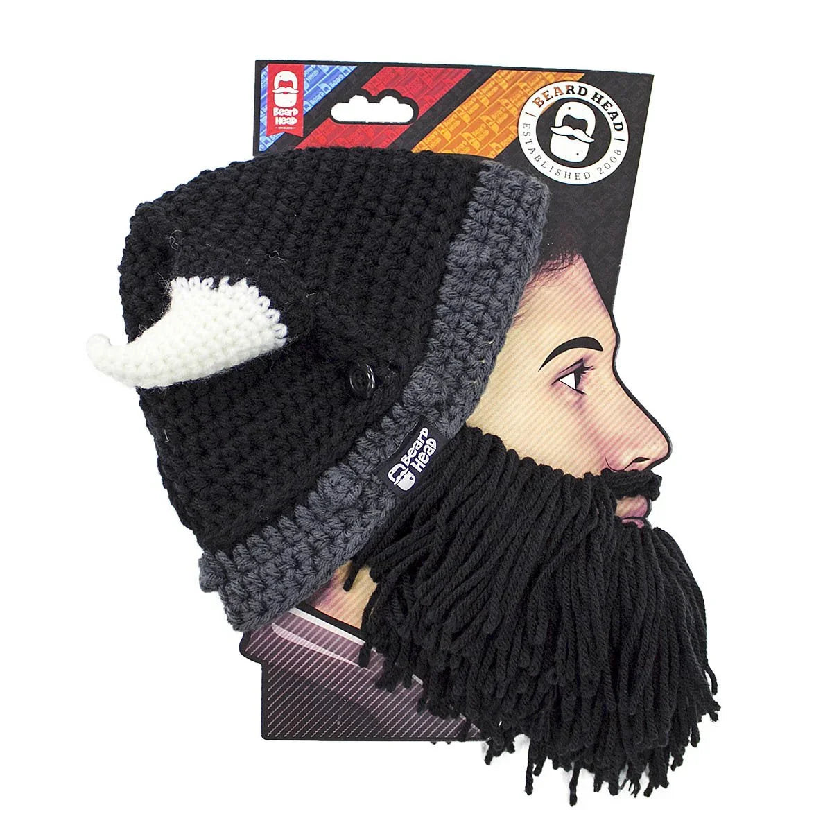 Beard Head black and gray knit hat with white horn and attached black yarn beard on display card