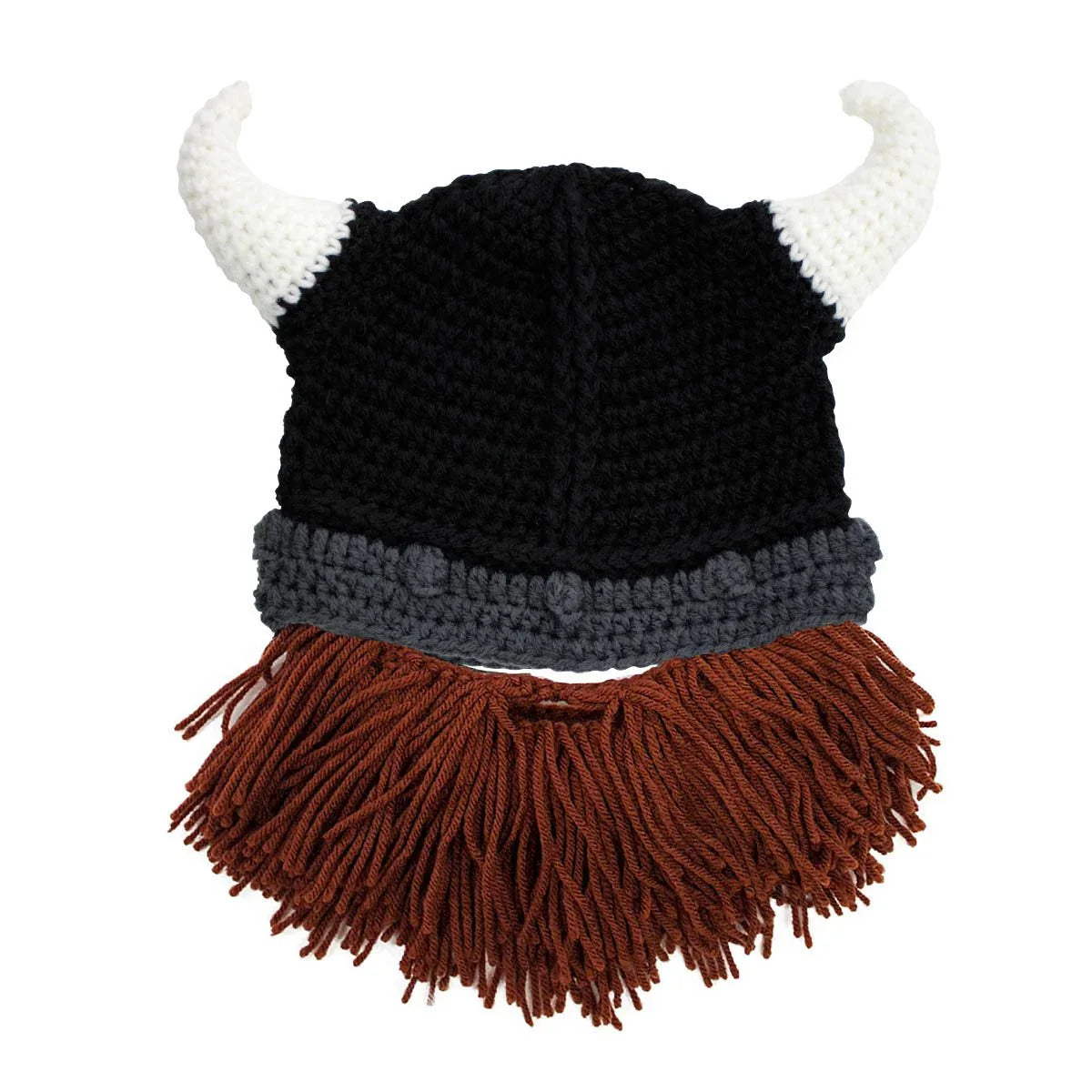 Black crocheted Viking hat with white horns, gray band, and attached brown yarn beard on white background