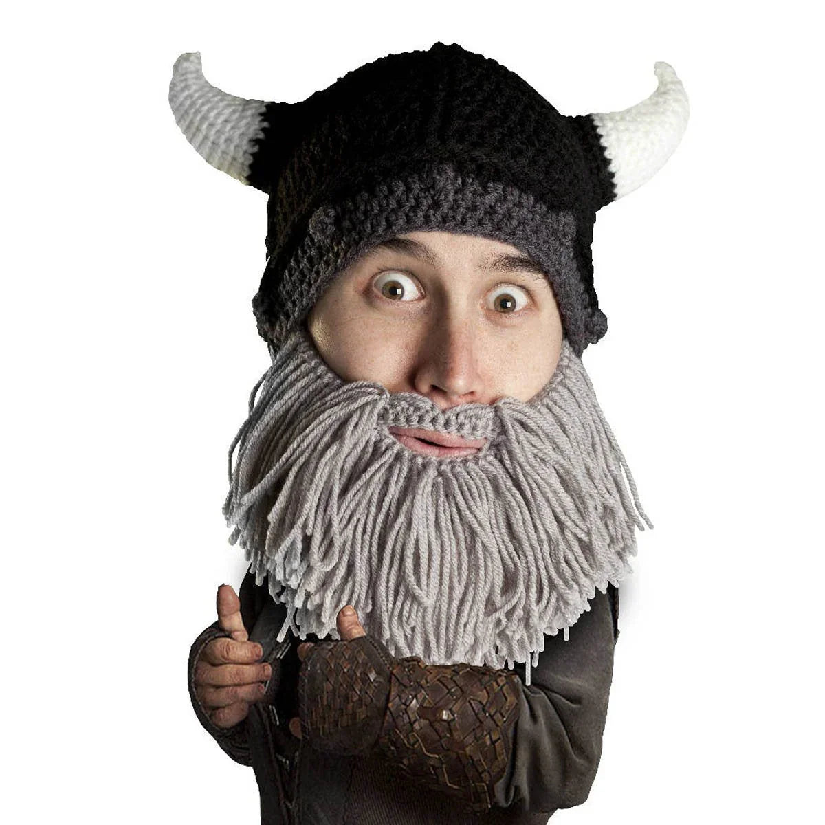 Person wearing black and gray Viking hat with white horns and a large gray yarn beard
