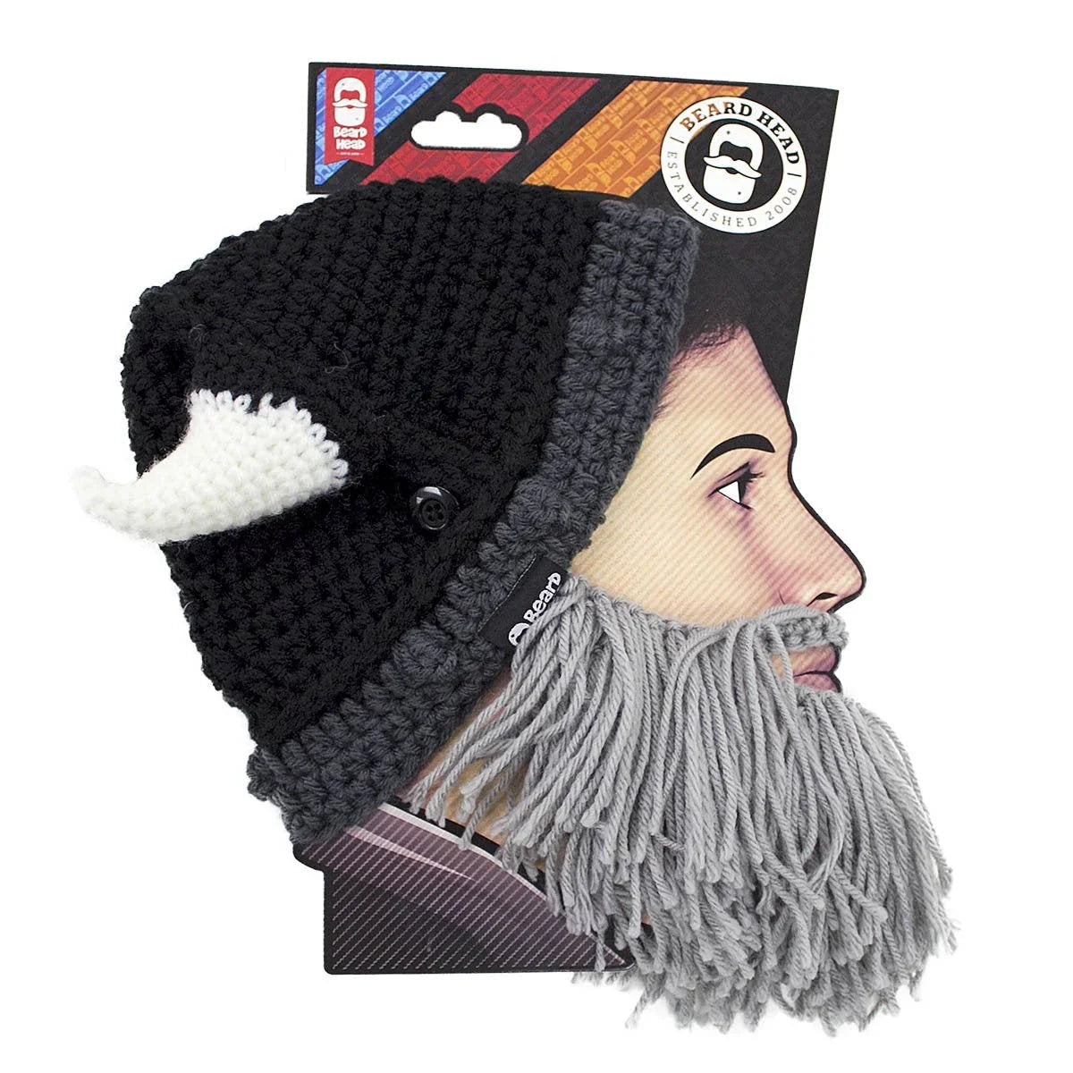 Beard Head black and gray knit hat with white horn and gray yarn beard on display card