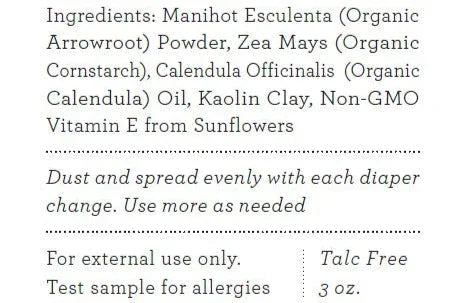Close-up of organic baby powder ingredients label highlighting natural components and talc-free formula