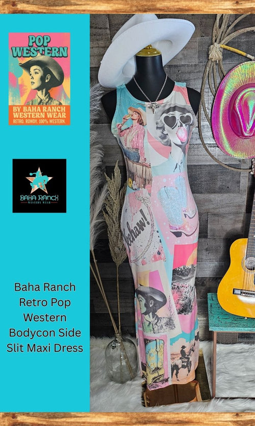 Baha Ranch Retro Pop Western Bodycon Side Slit Maxi Dress - Qu!rk Boutique