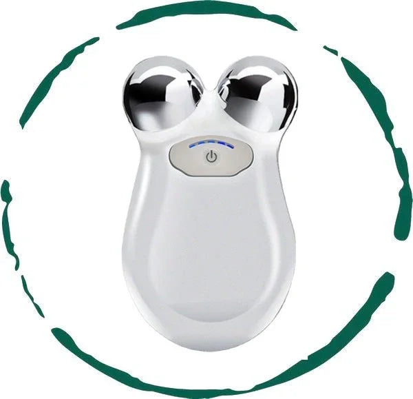 White facial toning device with chrome spheres and power button, featured at Qu!rk Boutique