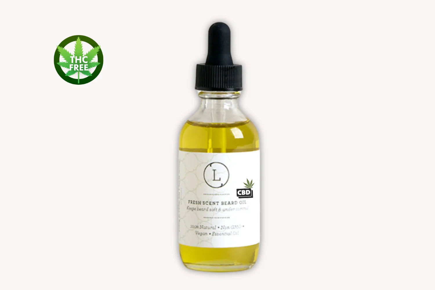 Bottle of THC-free CBD fresh scent beard oil with dropper on white background