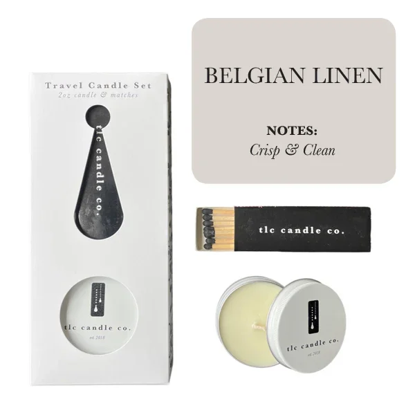 Belgian Linen travel candle gift set with crisp clean scent and matches, by tlc candle co, Qu!rk Boutique