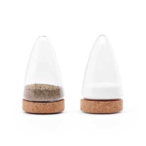 Modern glass and cork salt and pepper shakers on white backdrop, Qu!rk Boutique giftware