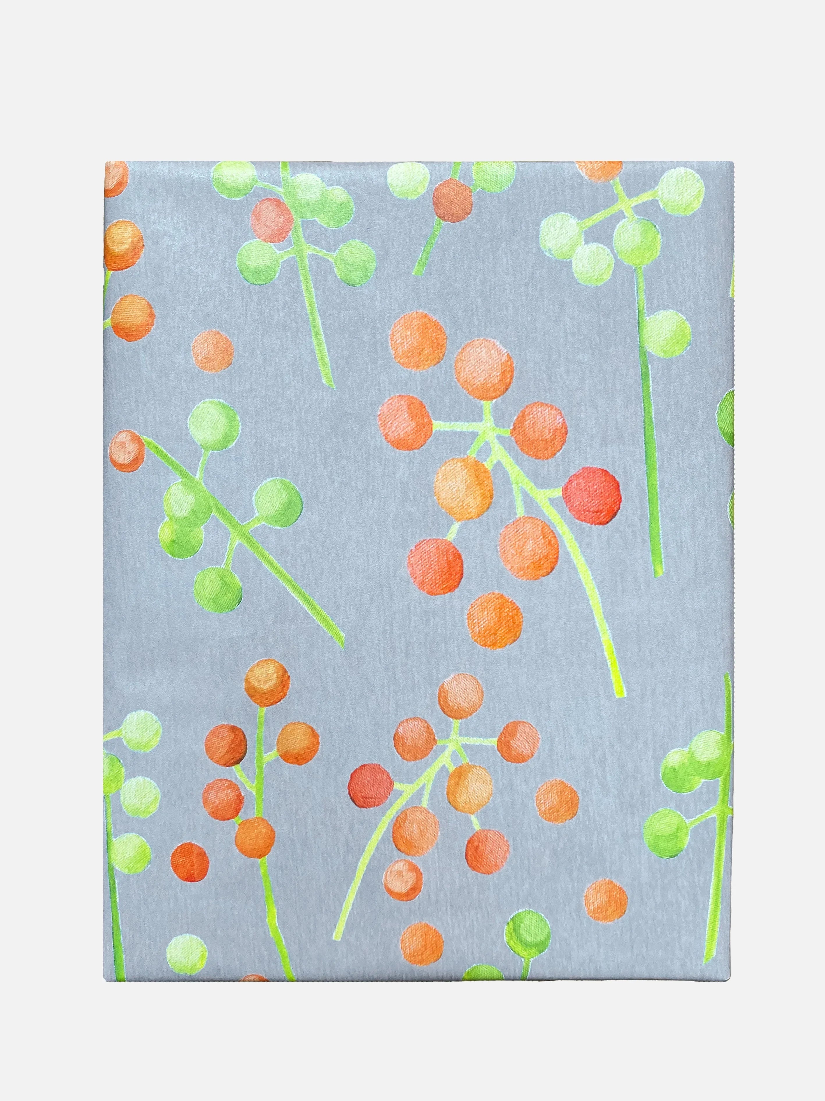 Brunia wrapping paper with orange and green berries pattern on light gray background