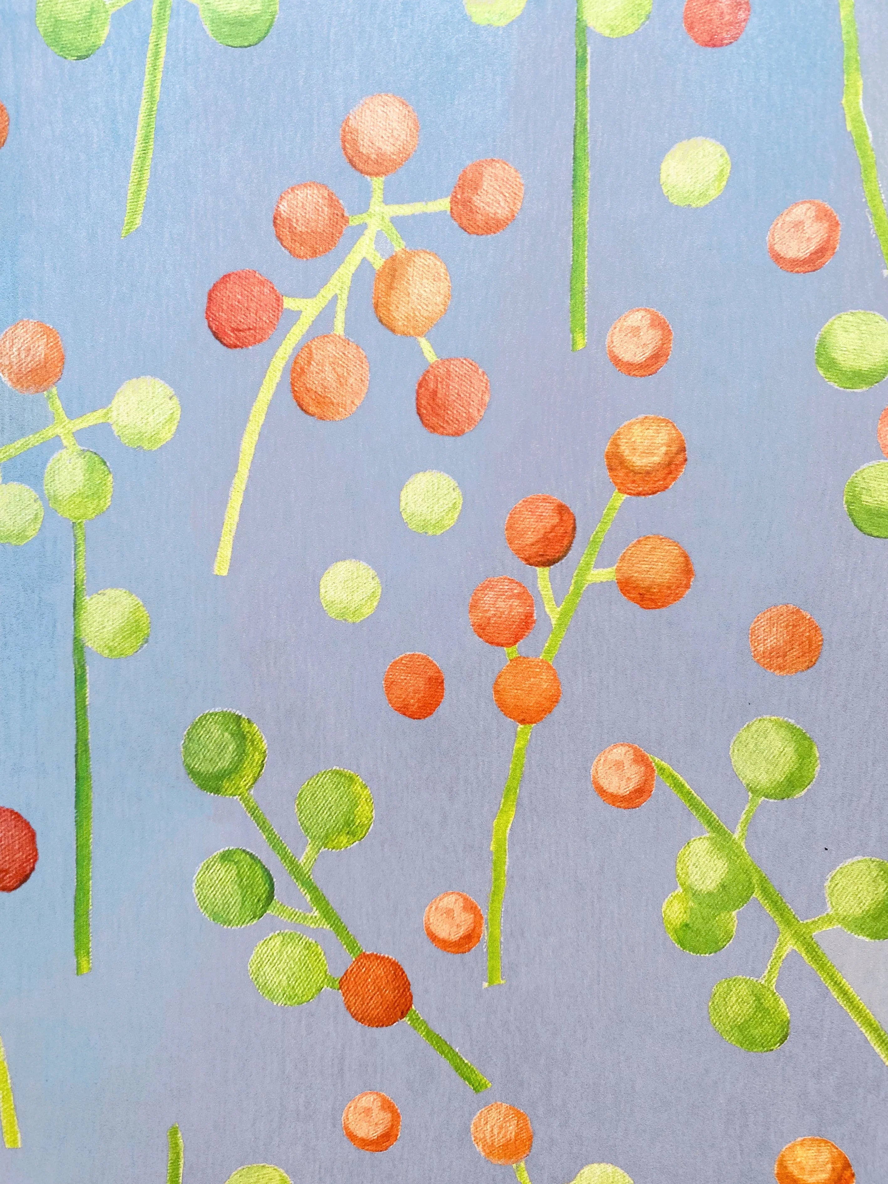 Brunia wrapping paper with orange and green berries pattern on lavender background