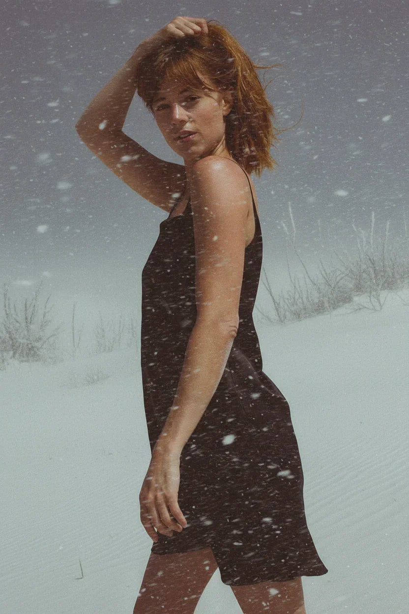 Red-haired woman in black dress posing in snowy outdoor setting with falling snowflakes