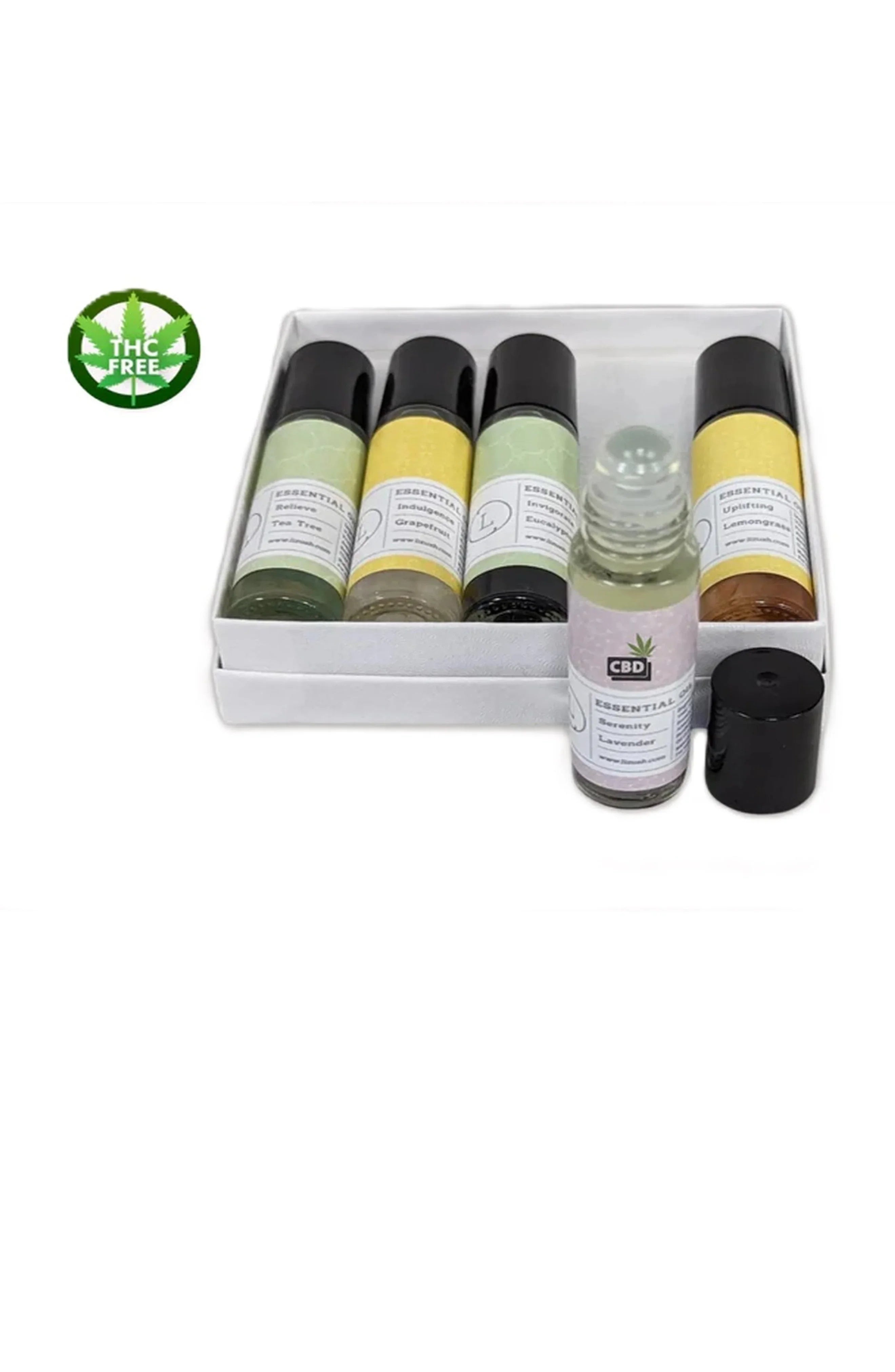 Set of five THC-free CBD essential oil roll-on bottles with labels like Tea Tree, Grapefruit, Eucalyptus, Lemongrass, and Lavender