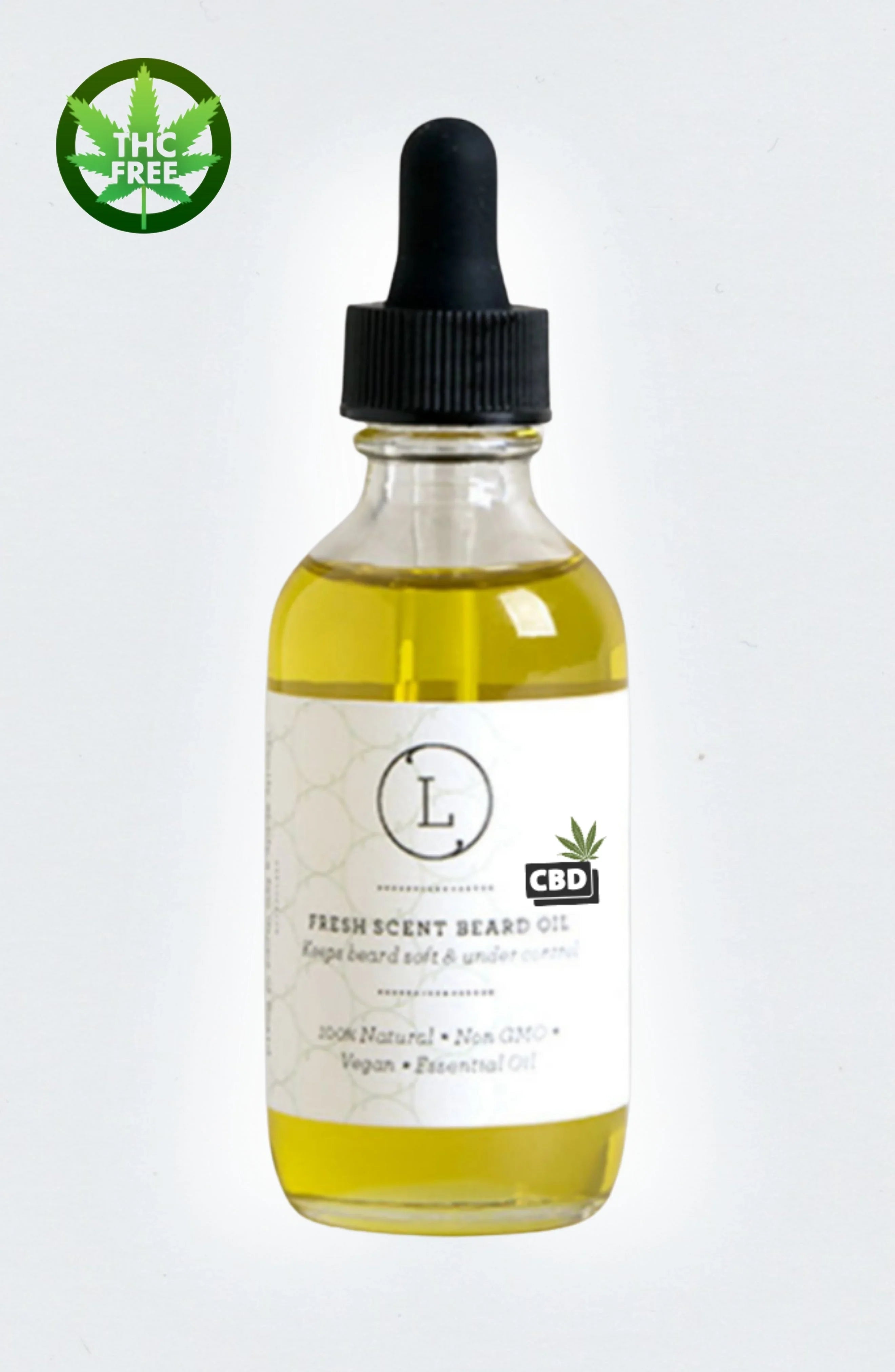 CBD fresh scent beard oil bottle with dropper cap and THC-free label