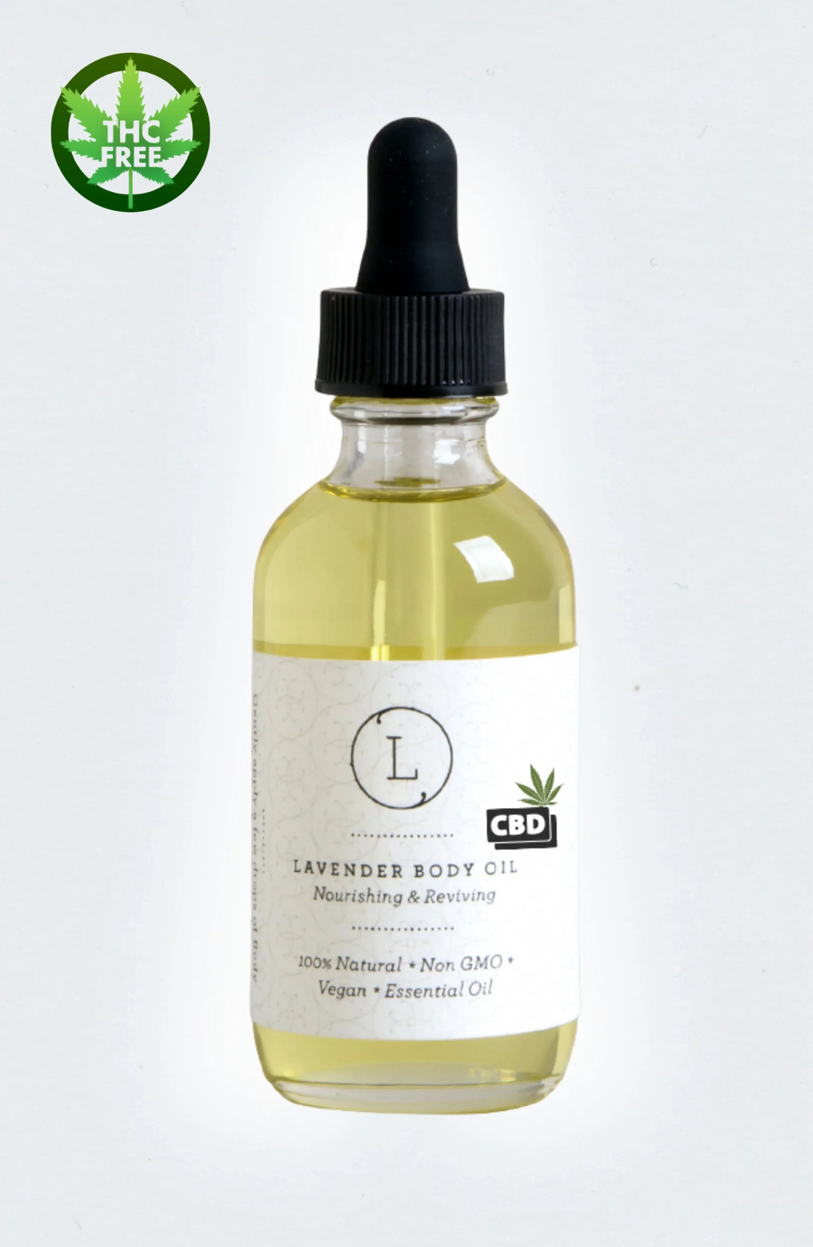 Bottle of lavender CBD body oil with black dropper and THC-free symbol on white background