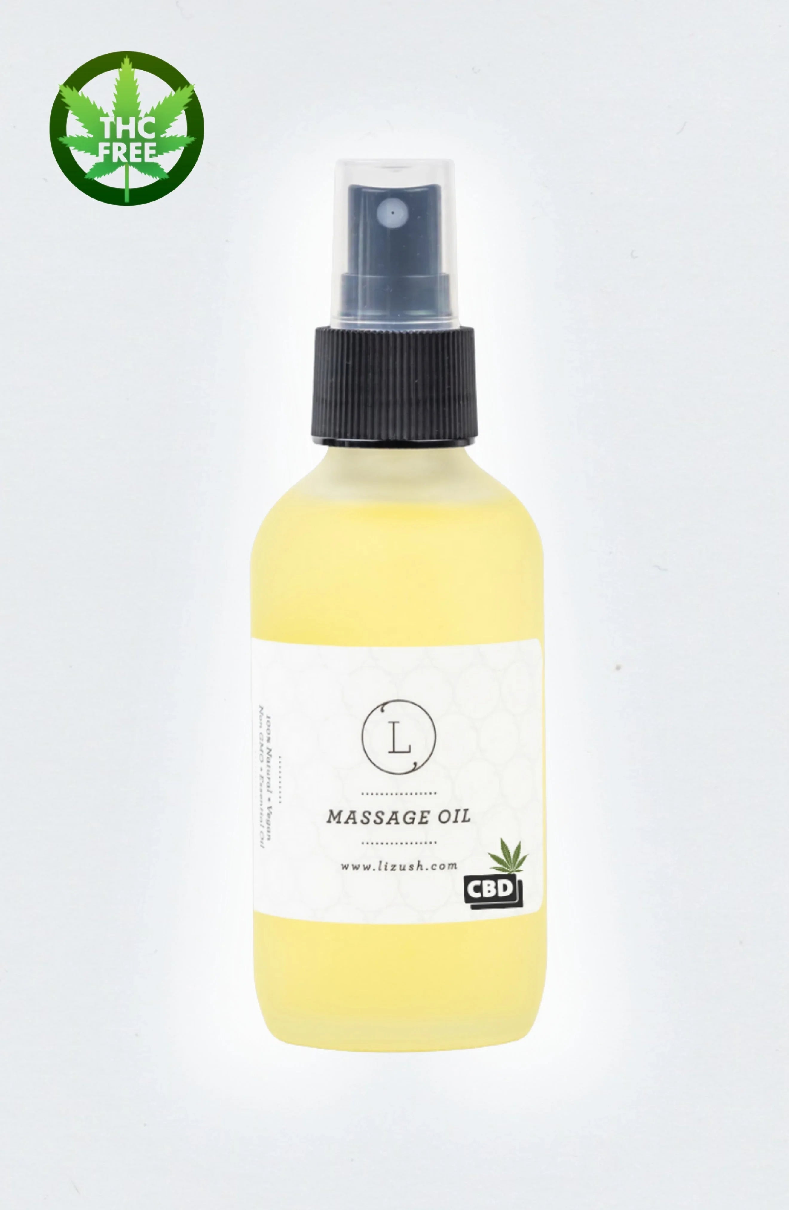 Yellow CBD massage oil spray bottle with a white label and THC free green logo