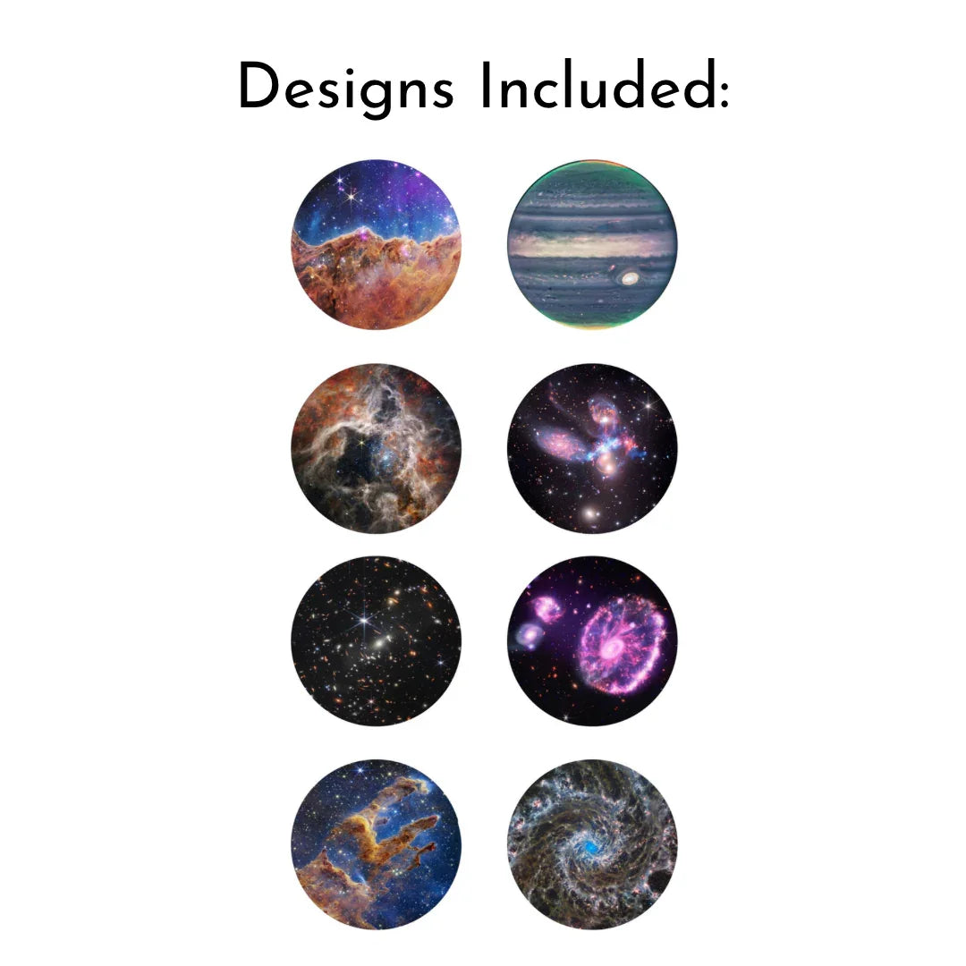 Eight round cosmic designs featuring planets, galaxies, nebulae, and star clusters on white background